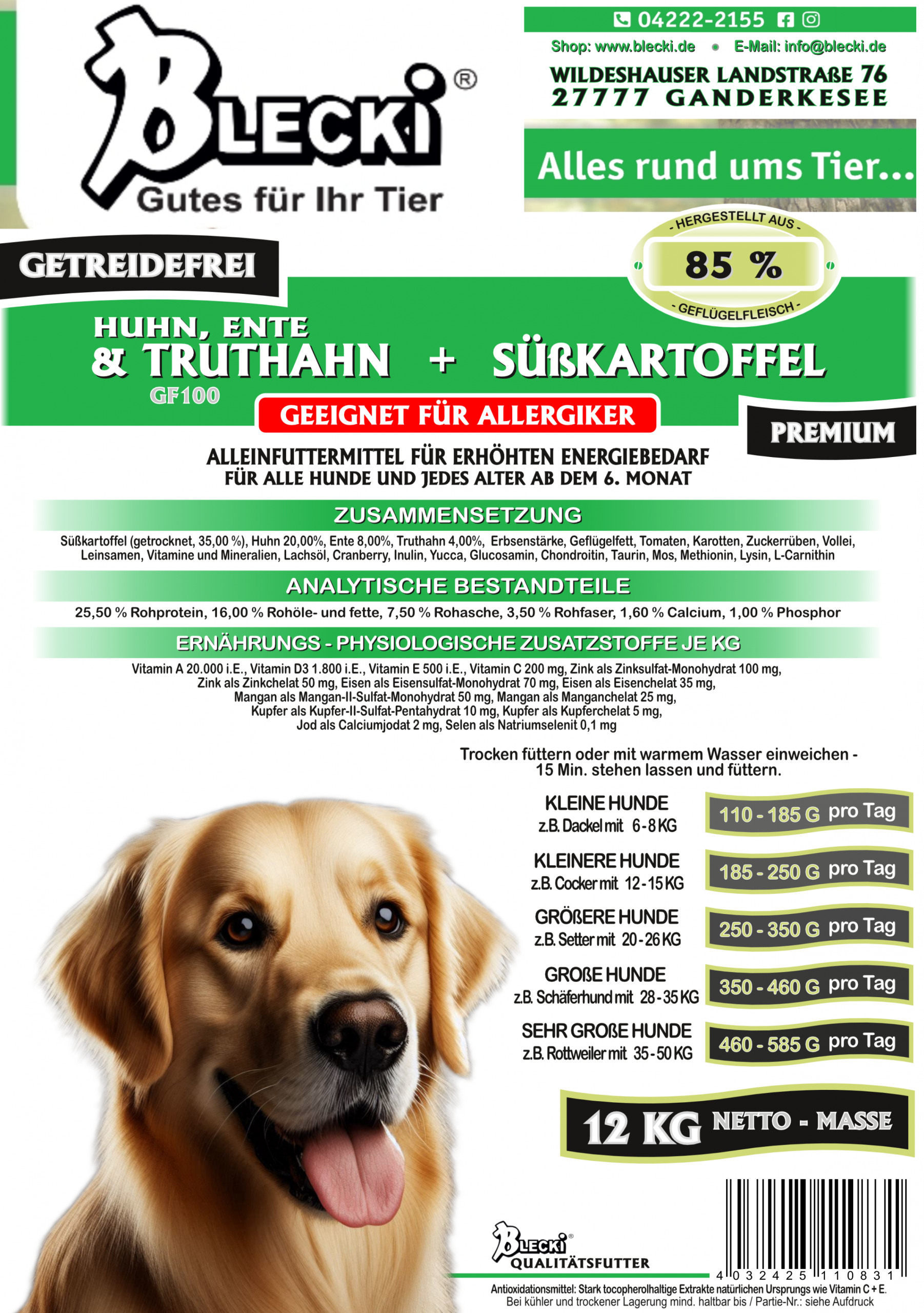 BLECKI GF100 Huhn + Ente + Truthahn + Süßkartoffel <h4>12kg<h4> 2 BLECKI GF100 Huhn + Ente + Truthahn + Süßkartoffel <h4>12kg<h4> – Bild 2